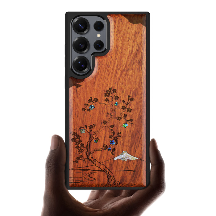 Ethereal Blossoms, Hand-Inlaid Wood & Mother of Pearl Case - Artisanal Cover for Samsung Galaxy