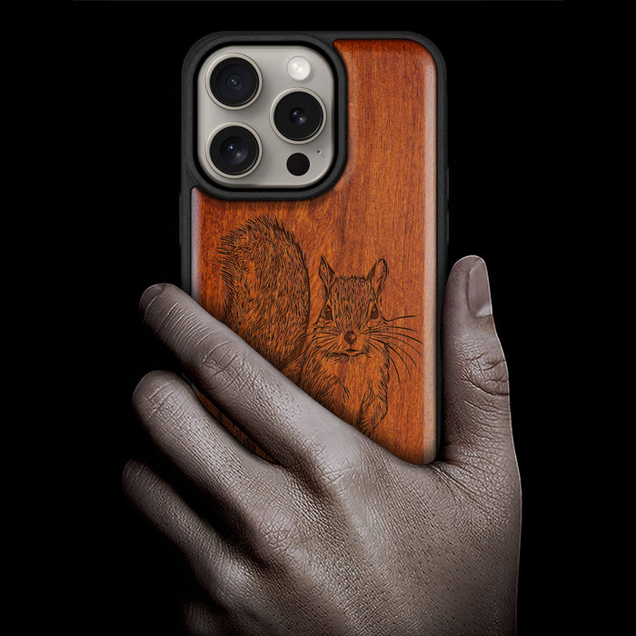 The Squirrel Sketch, Classic Engraved Wood & TPU Case - Artisanal Cover for Apple iPhone