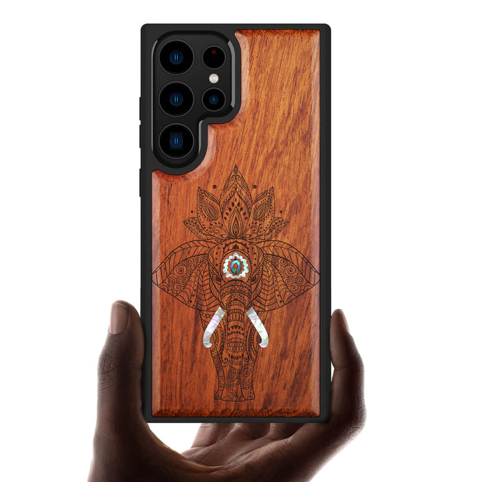 African Elephant in Linework Art, Hand-Inlaid Wood & Mother of Pearl Case - Artisanal Cover for Samsung Galaxy