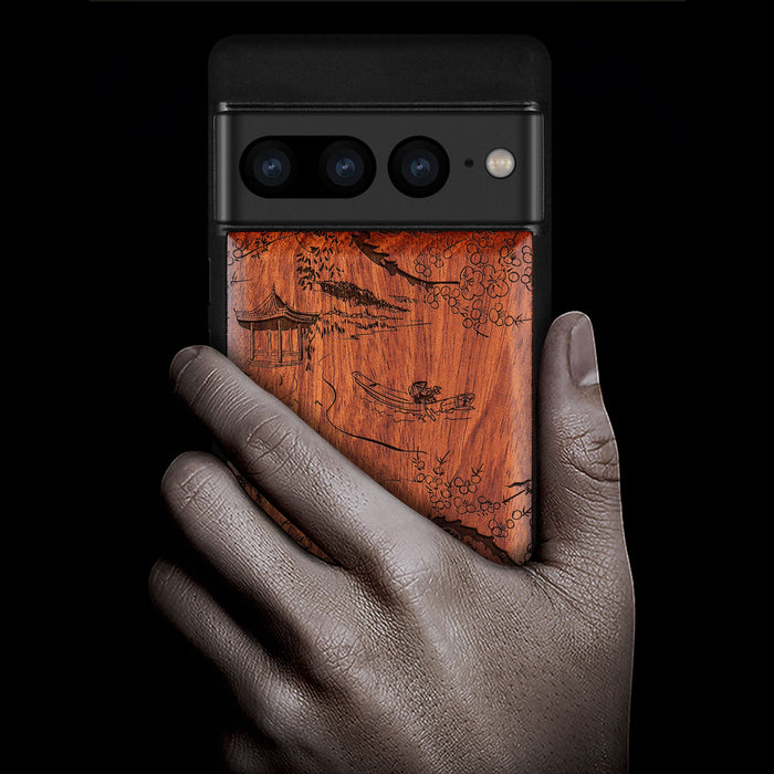 An Intricate Chinese Landscape, Classic Engraved Wood & TPU Case - Artisanal Cover for Google Pixel