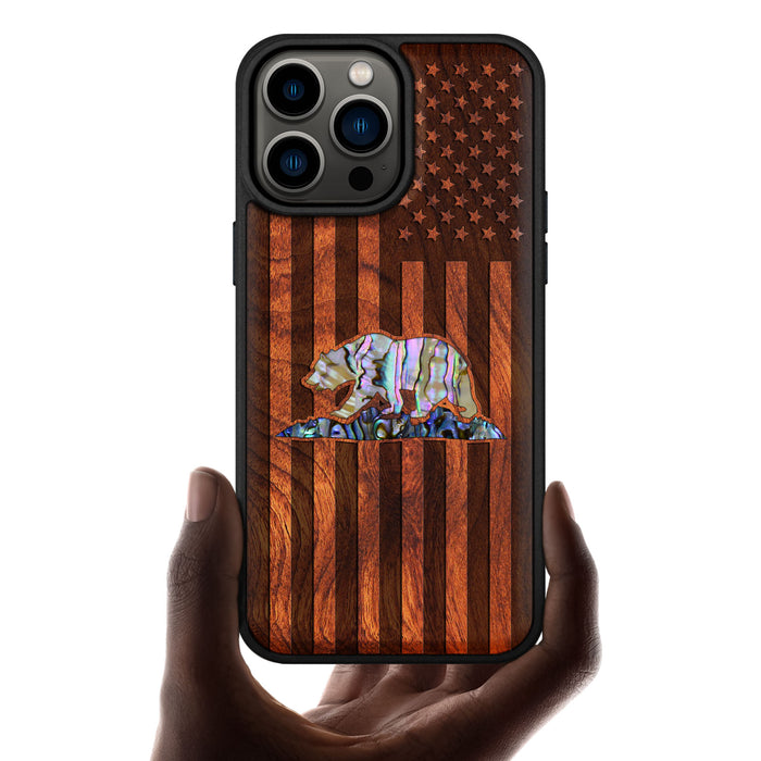 American Flag, Bear, Hand-Inlaid Wood & Mother of Pearl Case - Artisanal Cover for Apple iPhone