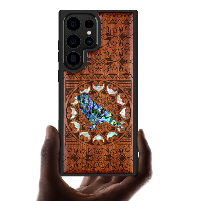 The Zentangle Crow, Hand-Inlaid Wood & Mother of Pearl Case - Artisanal Cover for Samsung Galaxy