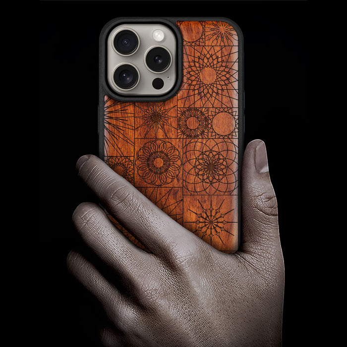 The Spirograph Mandala Mosaic, Classic Engraved Wood & TPU Case - Artisanal Cover for Apple iPhone