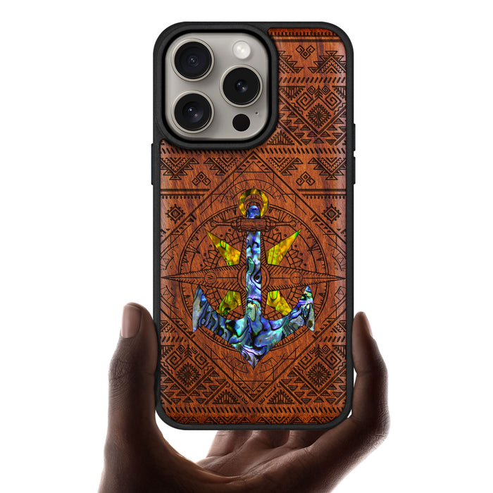 Voyage Intrigue, Hand-Inlaid Wood & Mother of Pearl Case - Artisanal Cover for Apple iPhone