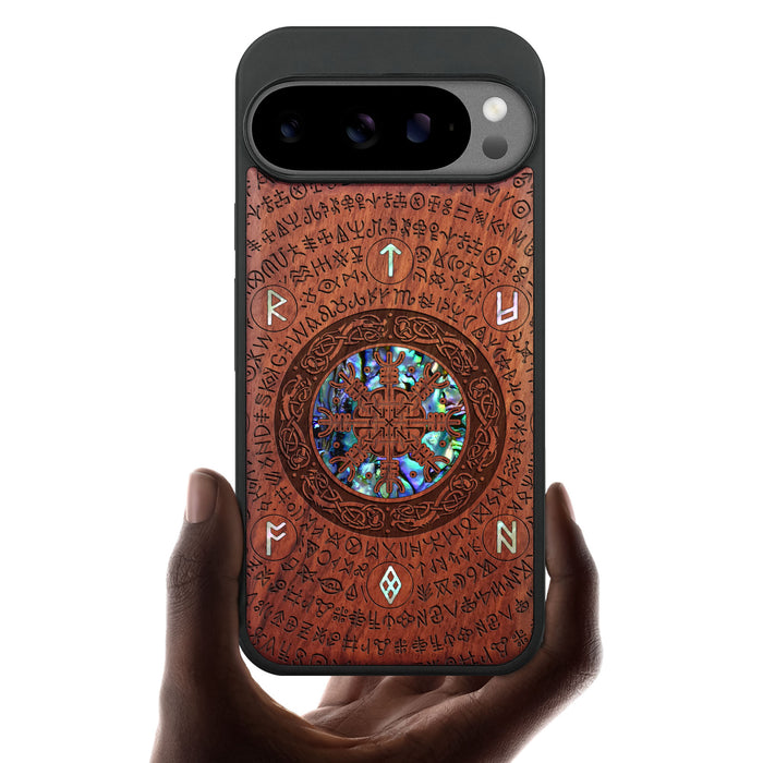 The Shield of Dragons and Awe, Hand-Inlaid Wood & Mother of Pearl Case - Artisanal Cover for Google Pixel