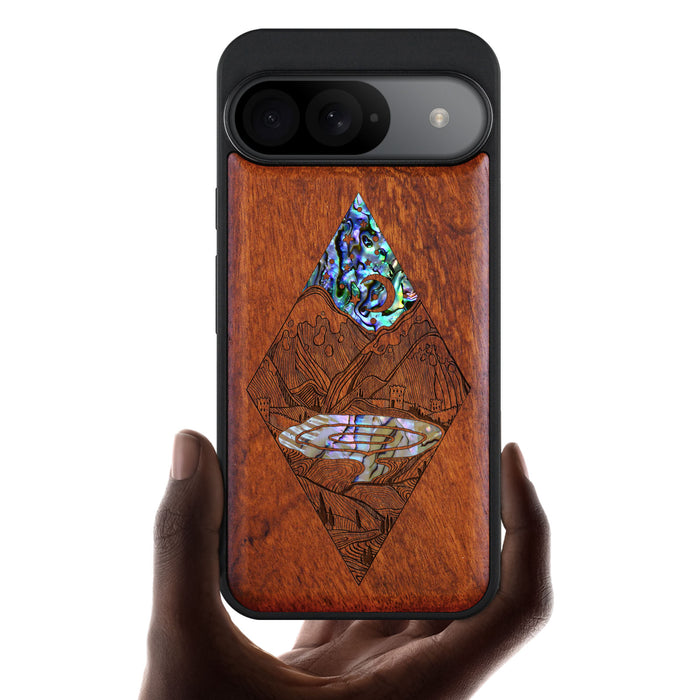 A Glimpse into the Starlit Wilderness, Hand-Inlaid Wood & Mother of Pearl Case - Artisanal Cover for Google Pixel