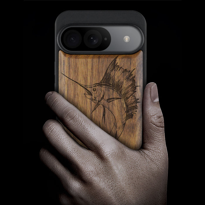 The Soaring Marlin, Classic Engraved Wood & TPU Case - Artisanal Cover for Google Pixel