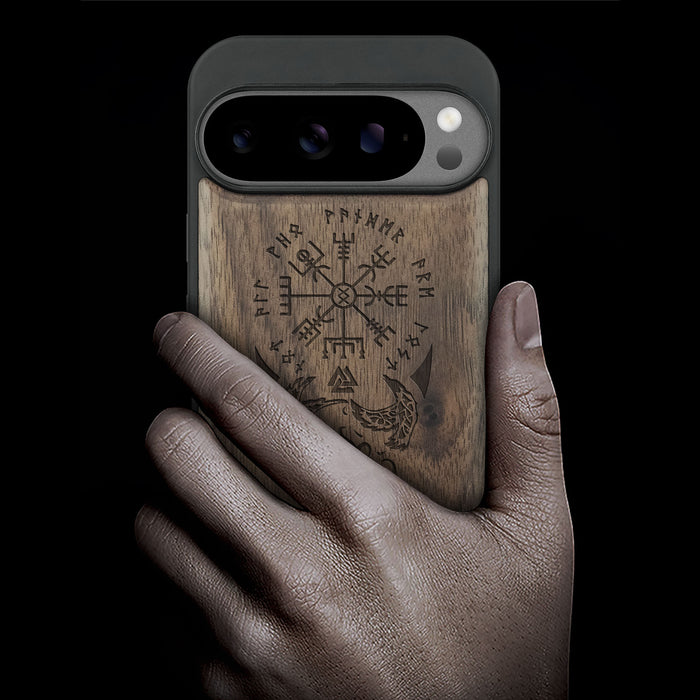 Viking Compass, Classic Engraved Wood & TPU Case - Artisanal Cover for Google Pixel