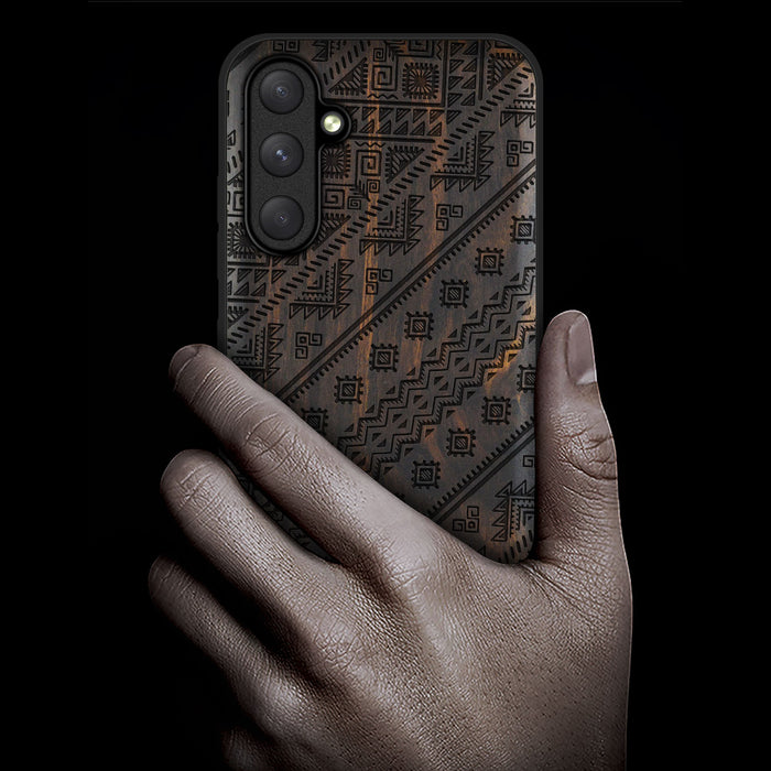 Aztec Geometric Harmony, Classic Engraved Wood & TPU Case - Artisanal Cover for Samsung Galaxy