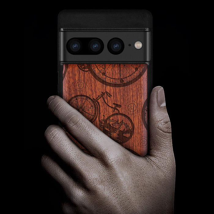 Bicycle Adventure, Classic Engraved Wood & TPU Case - Artisanal Cover for Google Pixel
