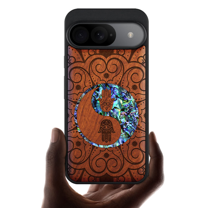 Tranquil Harmony Mandala, Hand-Inlaid Wood & Mother of Pearl Case - Artisanal Cover for Google Pixel