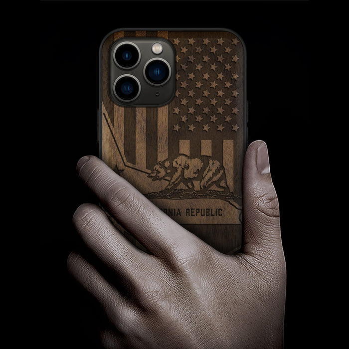 California's Emblematic Tribute, Classic Engraved Wood & TPU Case - Artisanal Cover for Apple iPhone