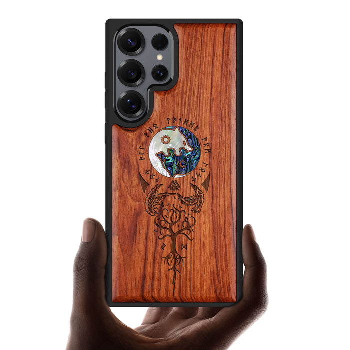 Vegvísir Ravens and Yggdrasil Hand-Inlaid Wood & Mother of Pearl Case Samsung Galaxy Artisanal Case View