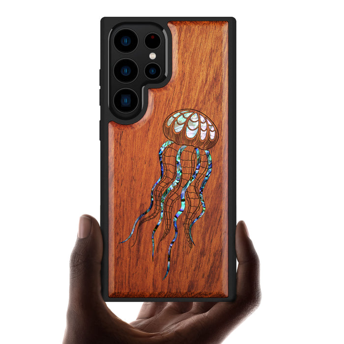 Zentangle Art Jellyfish, Hand-Inlaid Wood & Mother of Pearl Case - Artisanal Cover for Samsung Galaxy