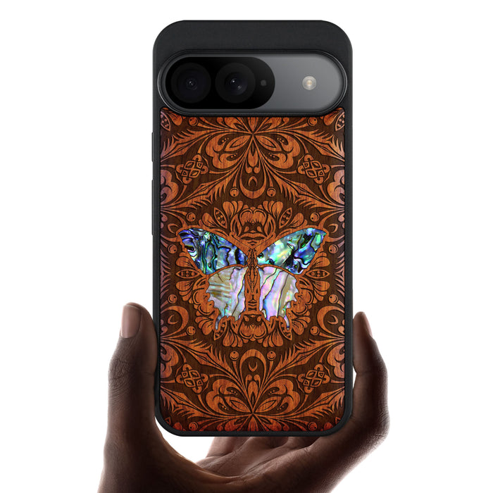 Baroque Butterfly, Hand-Inlaid Wood & Mother of Pearl Case - Artisanal Cover for Google Pixel