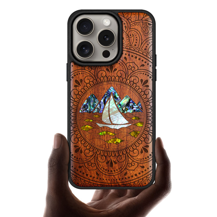 Oceanic Mandala Calm, Hand-Inlaid Wood & Mother of Pearl Case - Artisanal Cover for Apple iPhone