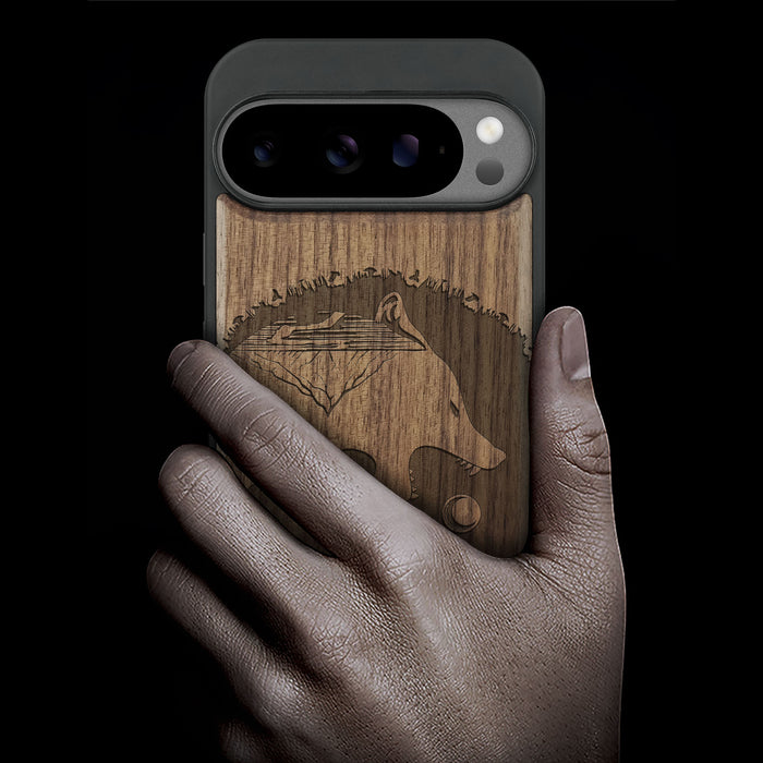 Yin-Yang Wolf, Classic Engraved Wood & TPU Case - Artisanal Cover for Google Pixel