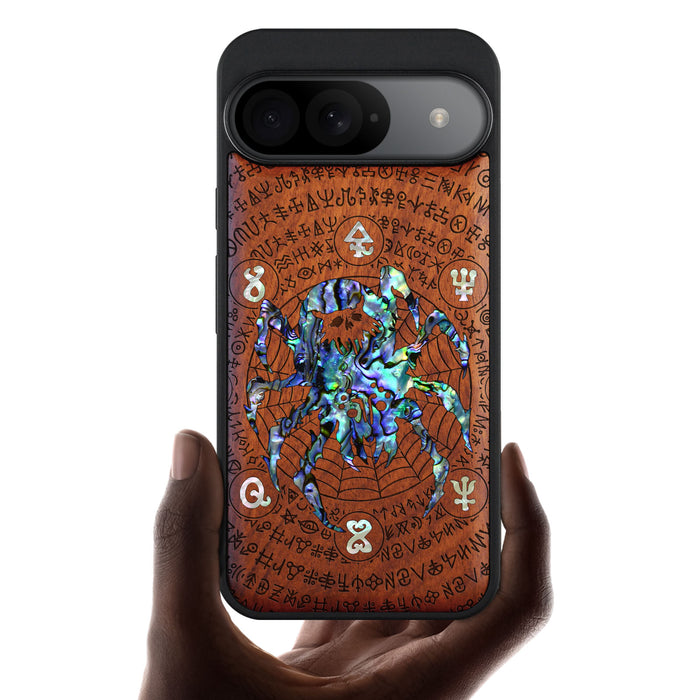 Shadows of the Web, Hand-Inlaid Wood & Mother of Pearl Case - Artisanal Cover for Google Pixel