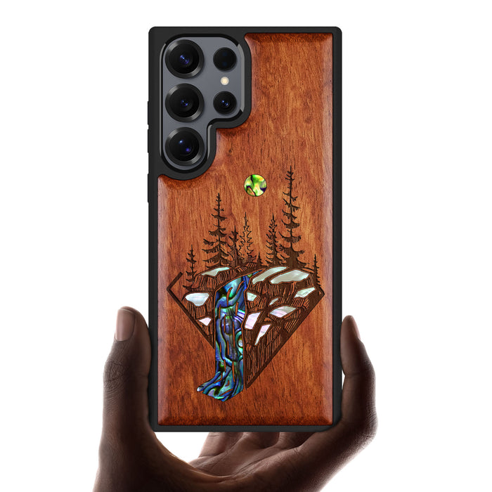 The Floating Forest and Waterfall, Hand-Inlaid Wood & Mother of Pearl Case - Artisanal Cover for Samsung Galaxy