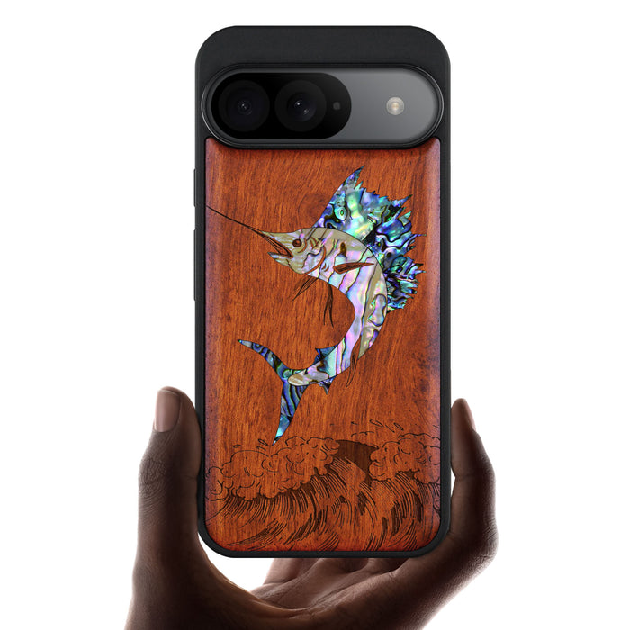 The Soaring Marlin, Hand-Inlaid Wood & Mother of Pearl Case - Artisanal Cover for Google Pixel