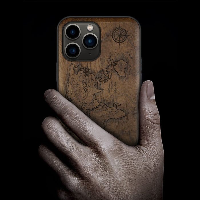 Abstract Expressionist World Map Linework, Classic Engraved Wood & TPU Case - Artisanal Cover for Apple iPhone