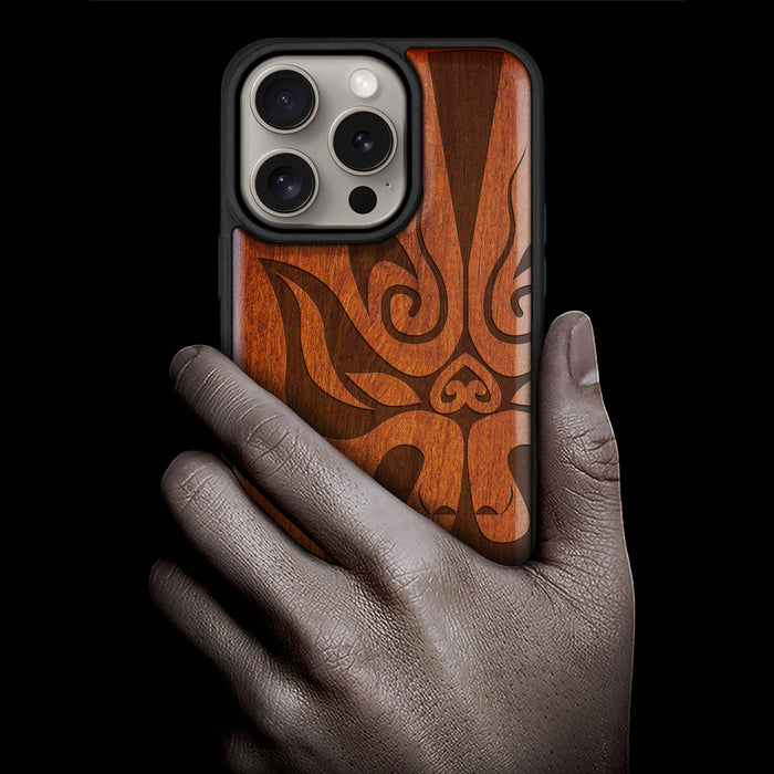 The Chinese Opera Mask, Classic Engraved Wood & TPU Case - Artisanal Cover for Apple iPhone