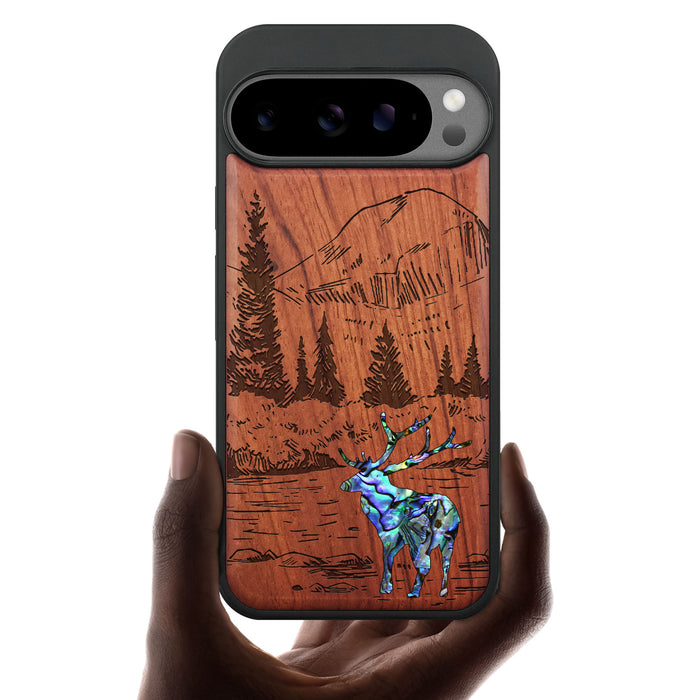 An Enthralling Natural Landscape Illustration, Hand-Inlaid Wood & Mother of Pearl Case - Artisanal Cover for Google Pixel