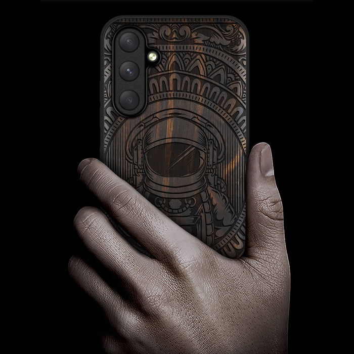 Astronaut in Mandalic Embrace, Classic Engraved Wood & TPU Case - Artisanal Cover for Samsung Galaxy