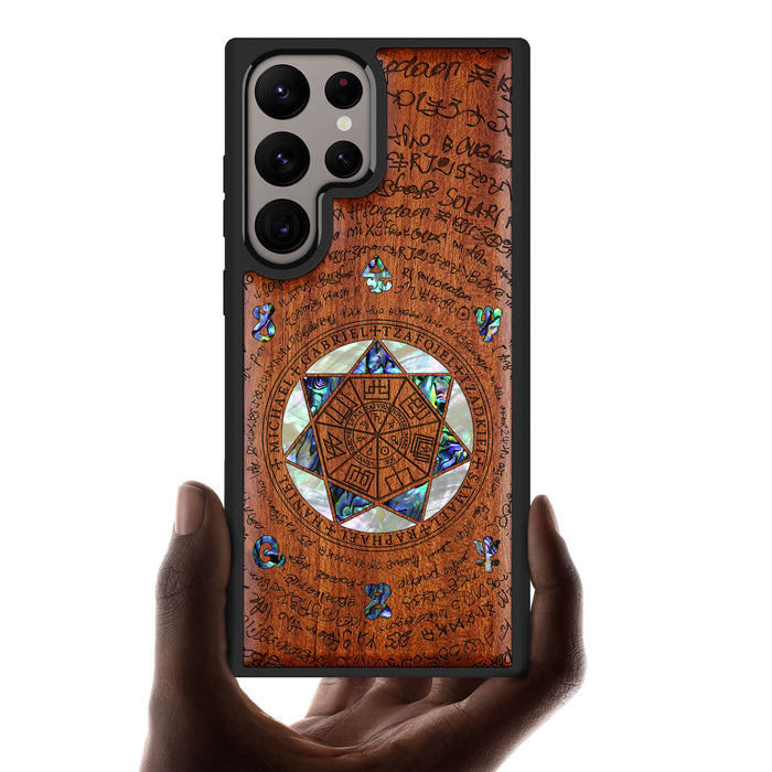 The Sacred Seals, Hand-Inlaid Wood & Mother of Pearl Case - Artisanal Cover for Samsung Galaxy