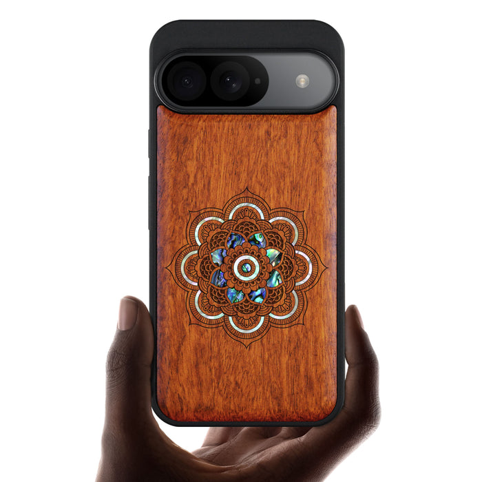 Mystic Floral Harmony, Hand-Inlaid Wood & Mother of Pearl Case - Artisanal Cover for Google Pixel