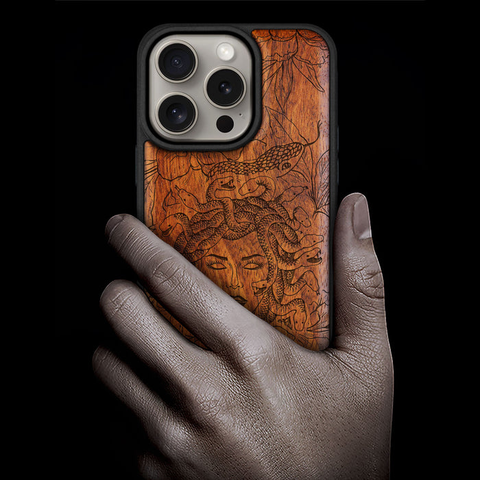 The Medusa Enigma, Classic Engraved Wood & TPU Case - Artisanal Cover for Apple iPhone