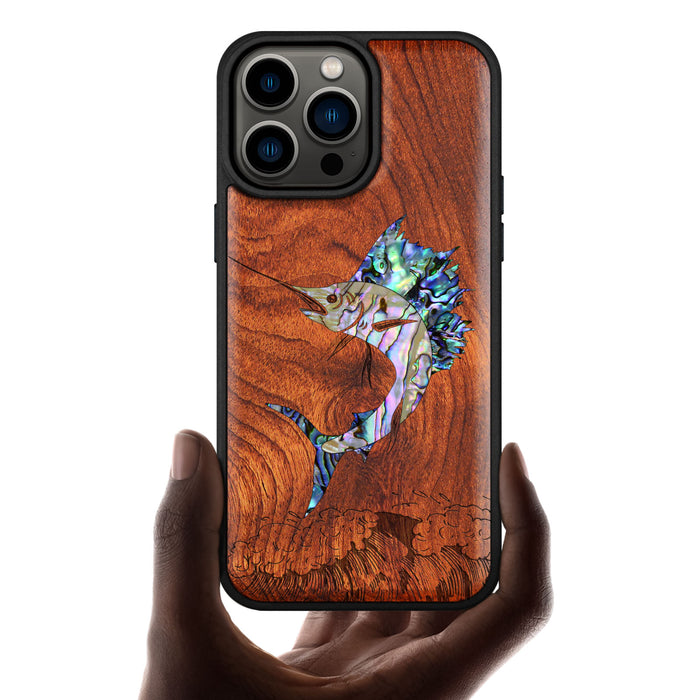 The Soaring Marlin, Hand-Inlaid Wood & Mother of Pearl Case - Artisanal Cover for Apple iPhone