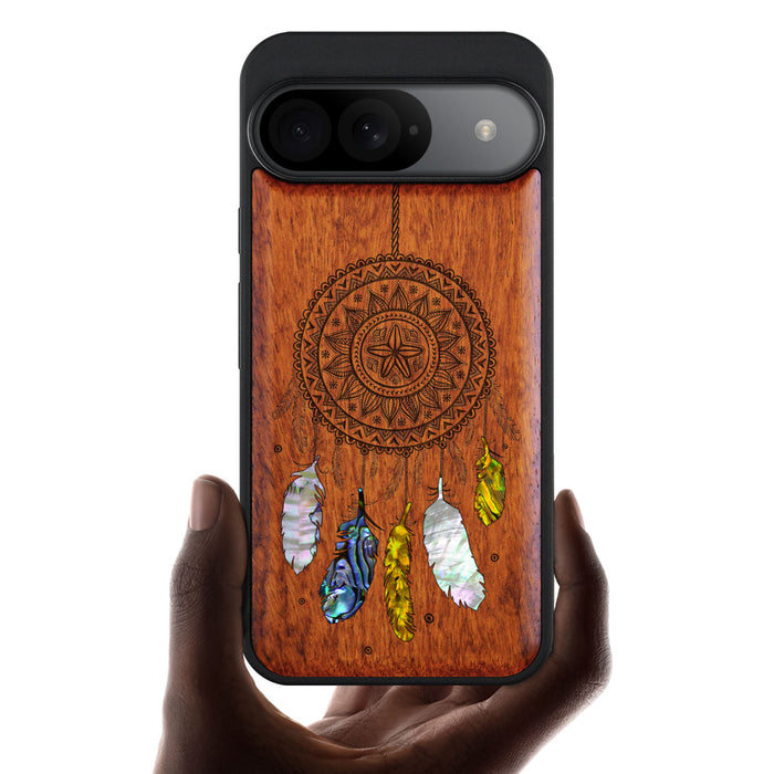 Dreamcatcher's Embrace, Hand-Inlaid Wood & Mother of Pearl Case - Artisanal Cover for Google Pixel