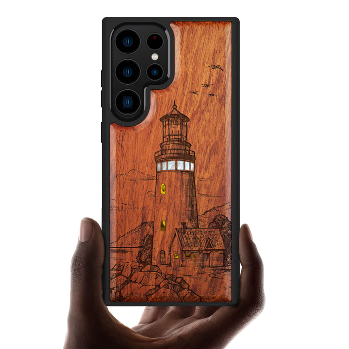 The Lighthouse, Hand-Inlaid Wood & Mother of Pearl Case - Artisanal Cover for Samsung Galaxy