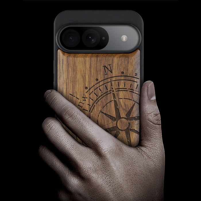 The Incomplete Compass, Classic Engraved Wood & TPU Case - Artisanal Cover for Google Pixel