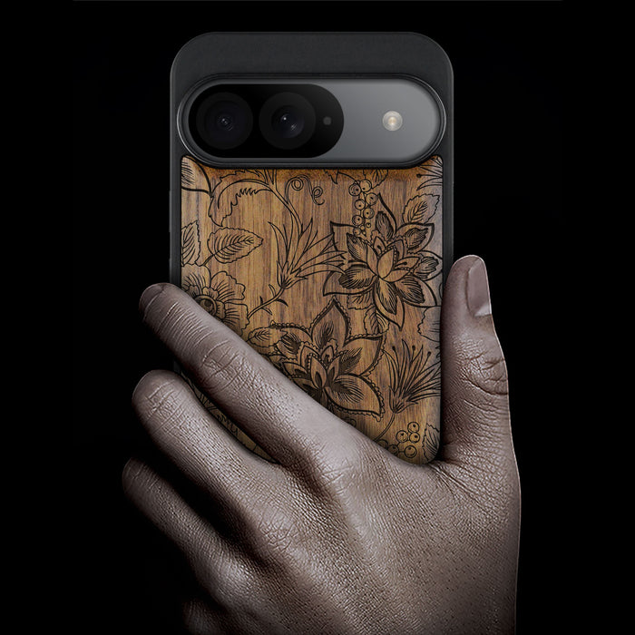 Floral Symphony, Classic Engraved Wood & TPU Case - Artisanal Cover for Google Pixel