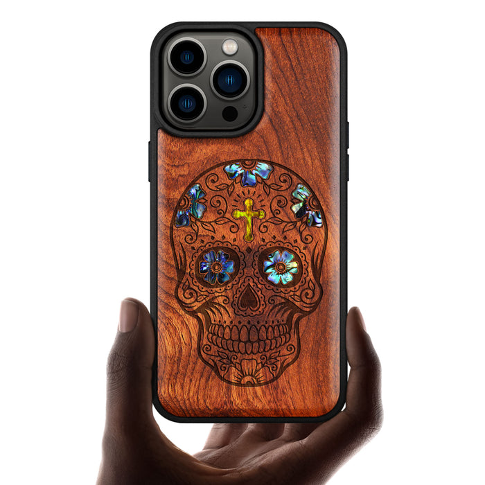 The Dia de los Muertos Sugar Skull, Hand-Inlaid Wood & Mother of Pearl Case - Artisanal Cover for Apple iPhone