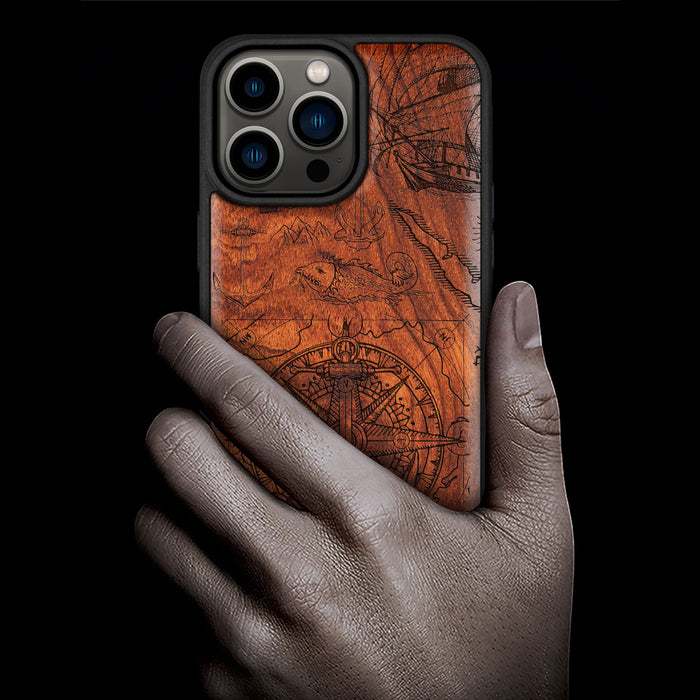 Nautical Chronicles, Classic Engraved Wood & TPU Case - Artisanal Cover for Apple iPhone