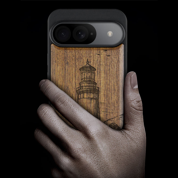 The Lighthouse, Classic Engraved Wood & TPU Case - Artisanal Cover for Google Pixel