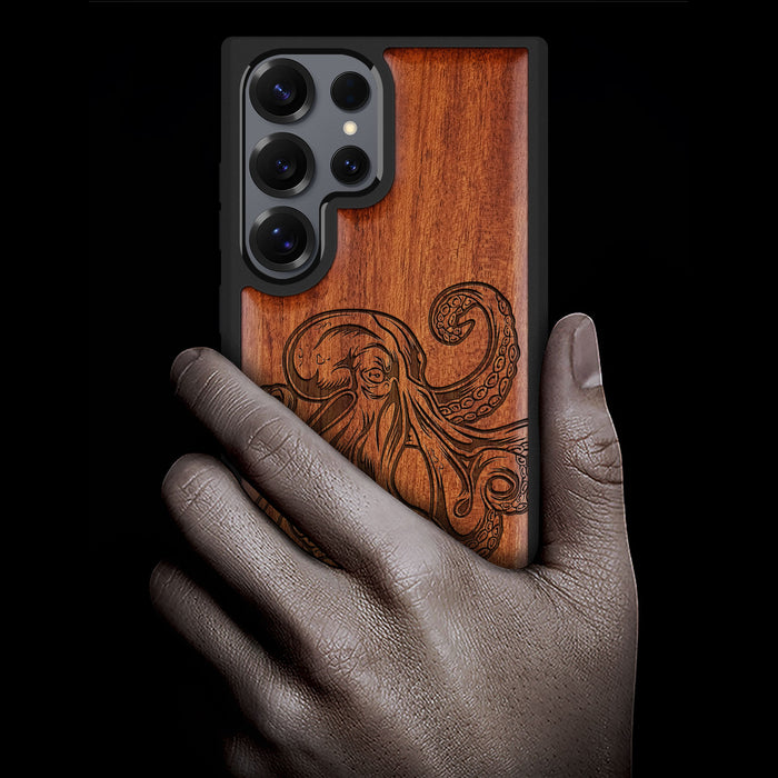 Bodybuilding Octopus Illustration Classic Engraved Wood & TPU Case Samsung Galaxy Artisanal Case View