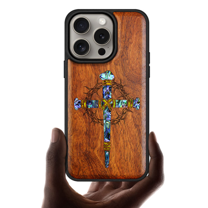 Crucifix Nails, Hand-Inlaid Wood & Mother of Pearl Case - Artisanal Cover for Apple iPhone