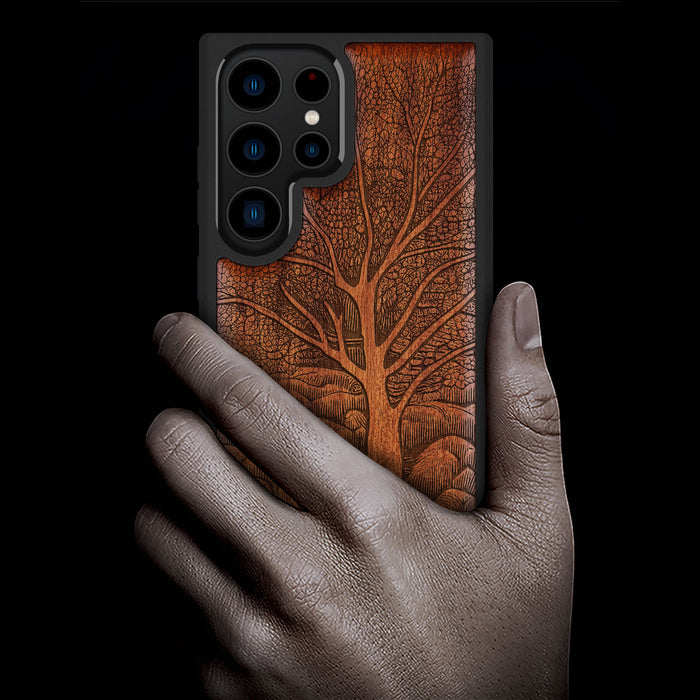 The Lino Print Tree, Classic Engraved Wood & TPU Case - Artisanal Cover for Samsung Galaxy