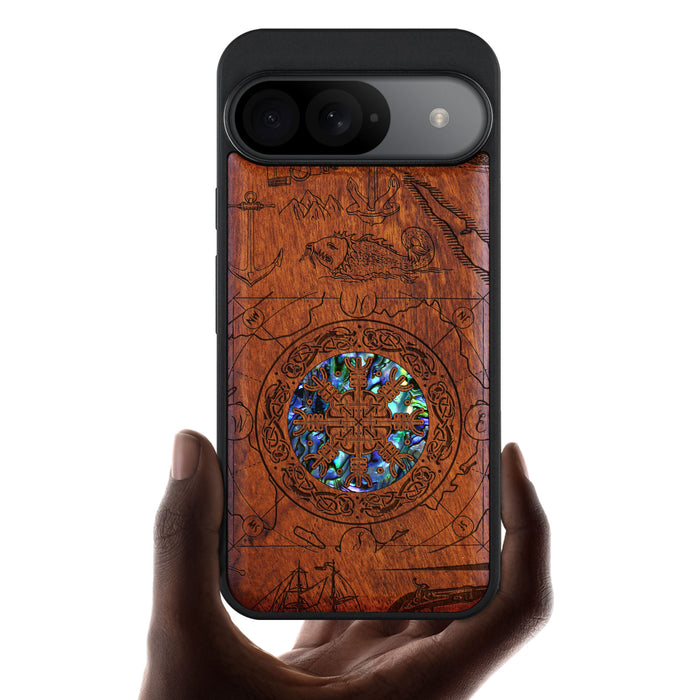 Viking Shield, Hand-Inlaid Wood & Mother of Pearl Case - Artisanal Cover for Google Pixel