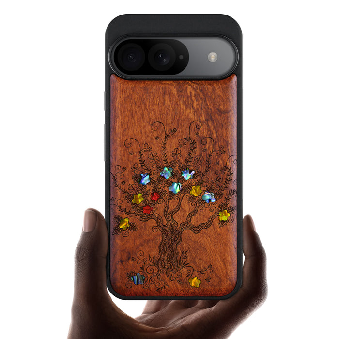 Enchanted Blossom Tree, Hand-Inlaid Wood & Mother of Pearl Case - Artisanal Cover for Google Pixel