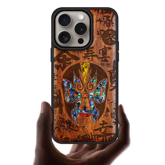 The Chinese Opera Mask, Hand-Inlaid Wood & Mother of Pearl Case - Artisanal Cover for Apple iPhone