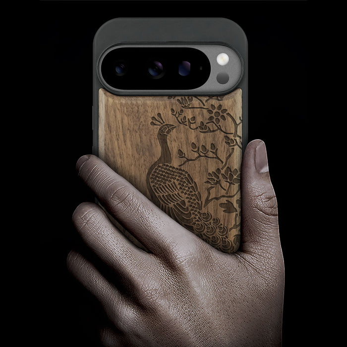 The Majestic Asian Peacock, Classic Engraved Wood & TPU Case - Artisanal Cover for Google Pixel