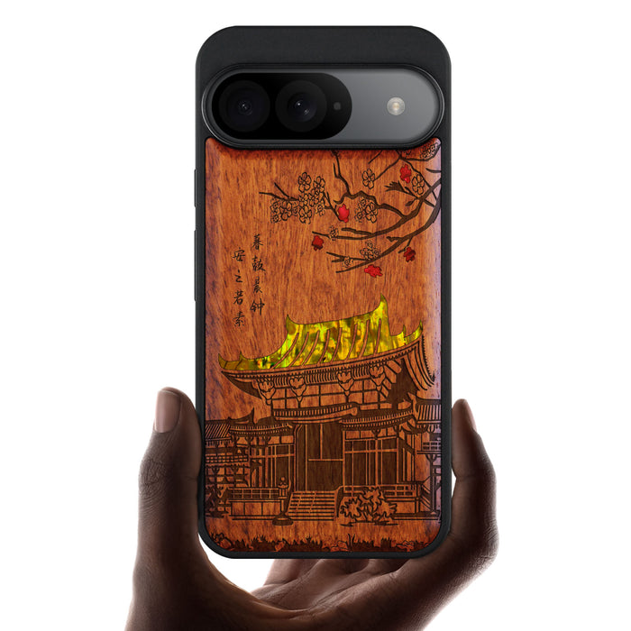 The Ancient Temple Amidst Cherry Blossoms, Hand-Inlaid Wood & Mother of Pearl Case - Artisanal Cover for Google Pixel