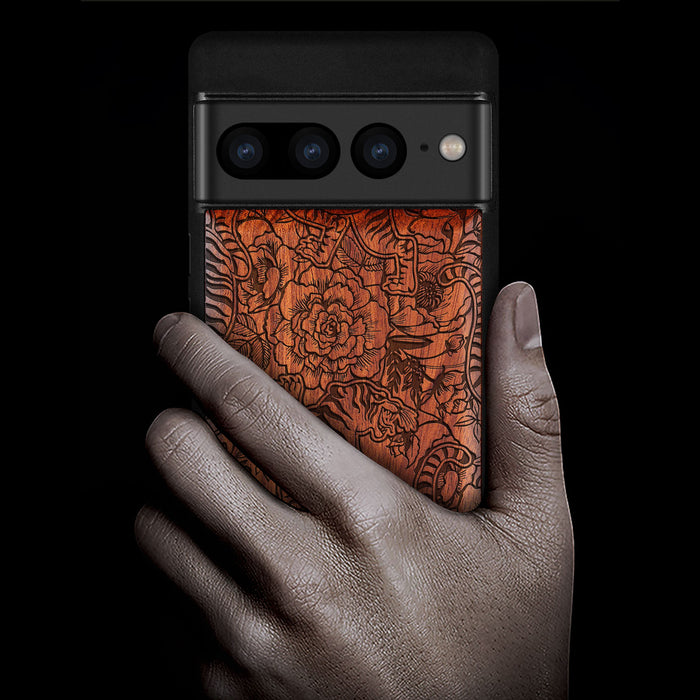 A Tiger Amidst Flowers and Vines, Classic Engraved Wood & TPU Case - Artisanal Cover for Google Pixel