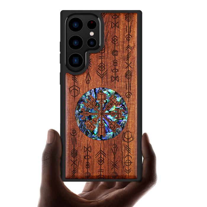 Echoes of Viking Lore, Hand-Inlaid Wood & Mother of Pearl Case - Artisanal Cover for Samsung Galaxy