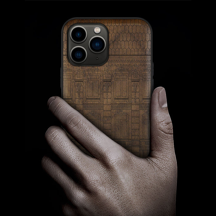 A Three-Storey Architectural Linework Art, Classic Engraved Wood & TPU Case - Artisanal Cover for Apple iPhone